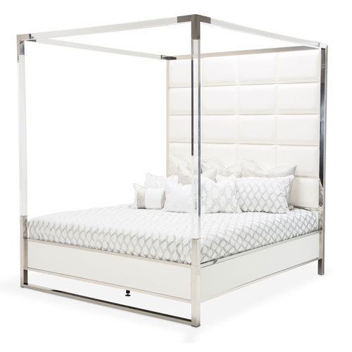 Cama King moderna blanca con columnas State 4 pzas