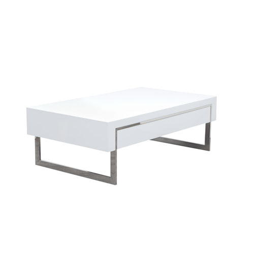 Cosmo White Lacquer Table with Dual Storage Drawer & Metal Leg