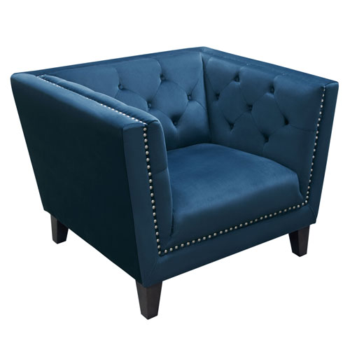 Grand Tufted Back Chair with Nail Head Accent in Blue Velvet