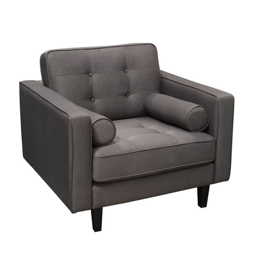 Neptune Chair in Grey Fabric with Tufted Back & Bolster Pillows