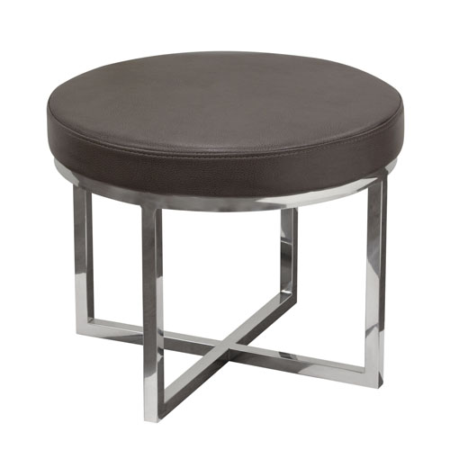 Ritz Round Accent Stool with Padded Seat in Elephant Grey Bonded Leather and Polished Stainless Steel Base
