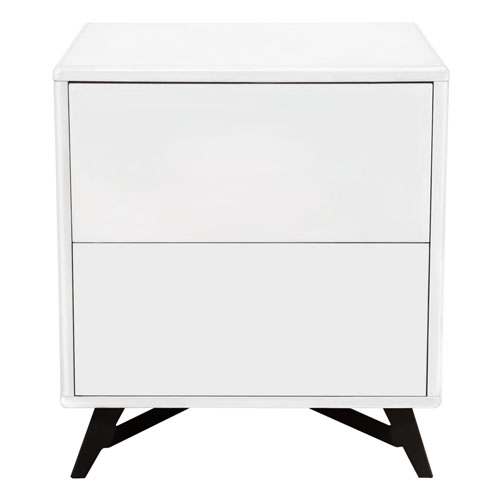Tempo End Table with Drawer Storage in White Lacquer Finish and Black Powder Coated Legs